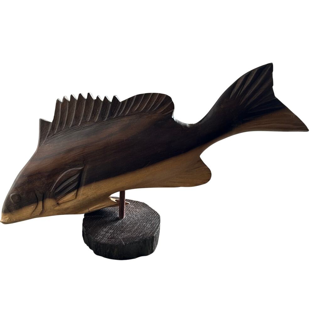 Handcrafted Wooden Fish Statue Figure with Stand 15” Folk Art Cabin Lake Decor
